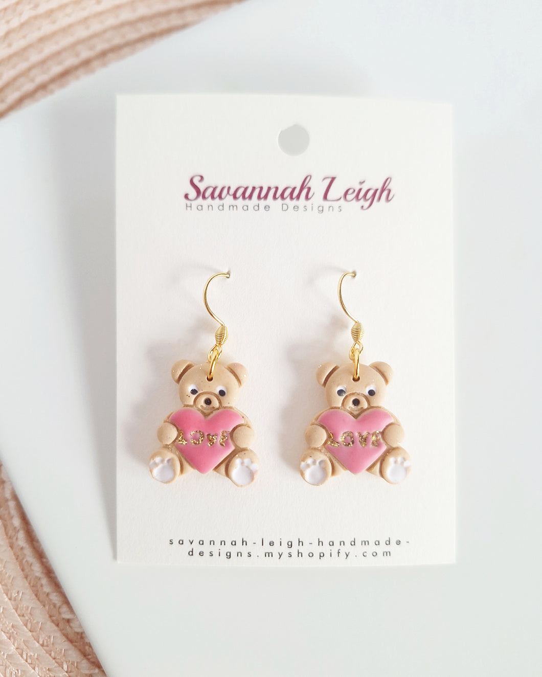 Teddy Bear Earrings- Beige & Pink