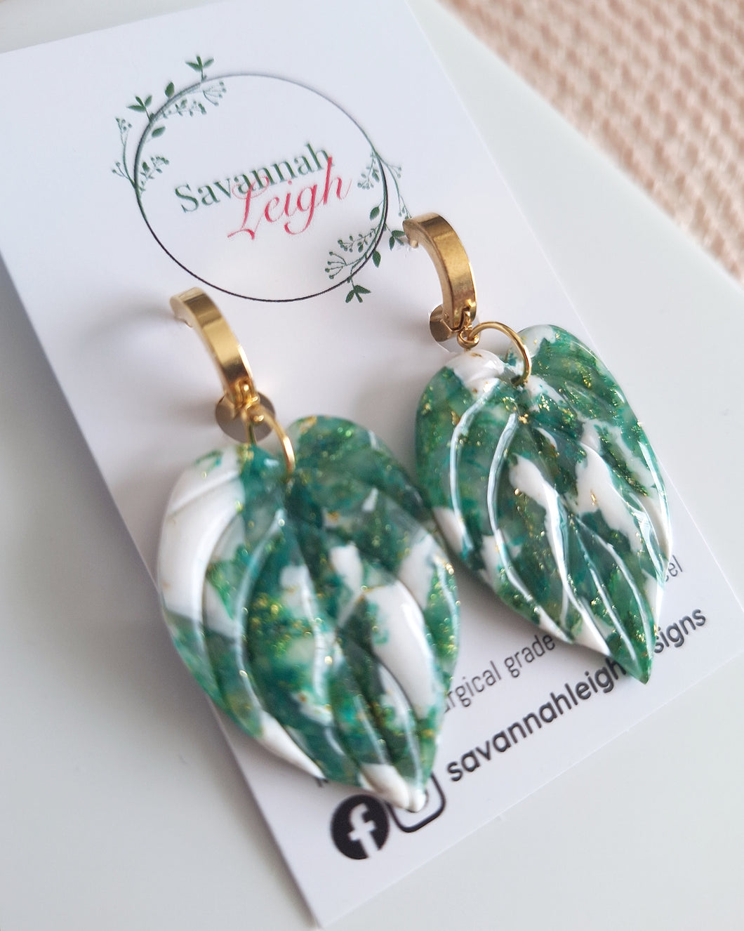 Philodendron Earrings- Marbled Green